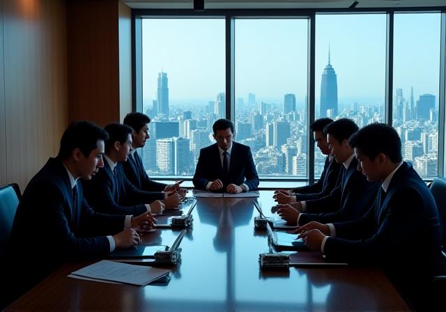 高層ビルを背景にしたビジネス会議の様子